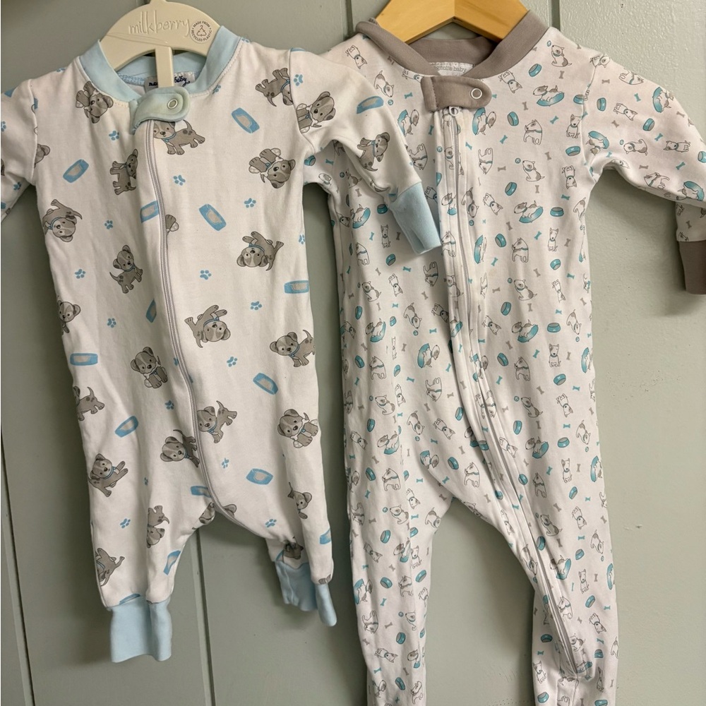 Magnolia baby puppy dog Blue and White Footie onesies